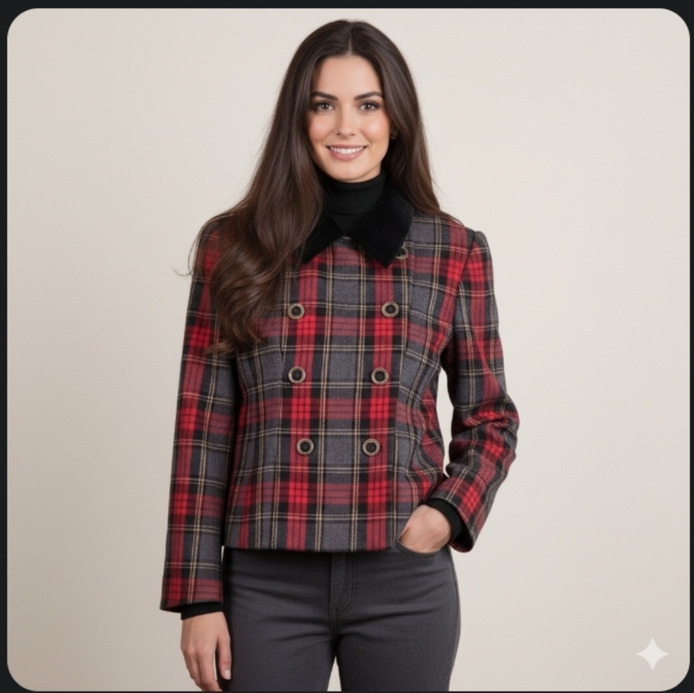 Vintage Rena Rowan Saville Double Breasted Black Velvet Collared Plaid Jacket 6